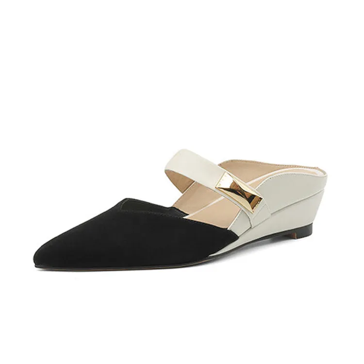Ladies Pointed Toe Patchwork Upper Wedge Mule Slip on