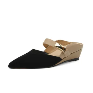 Ladies Pointed Toe Patchwork Upper Wedge Mule Slip on