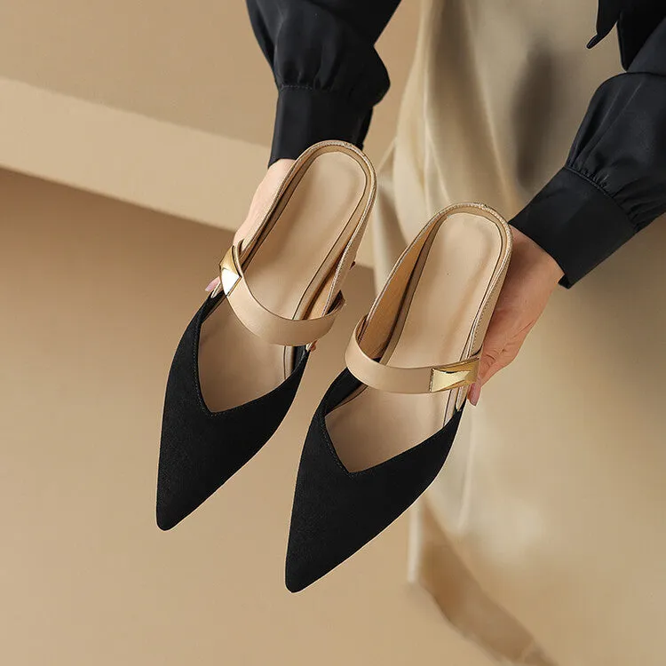 Ladies Pointed Toe Patchwork Upper Wedge Mule Slip on