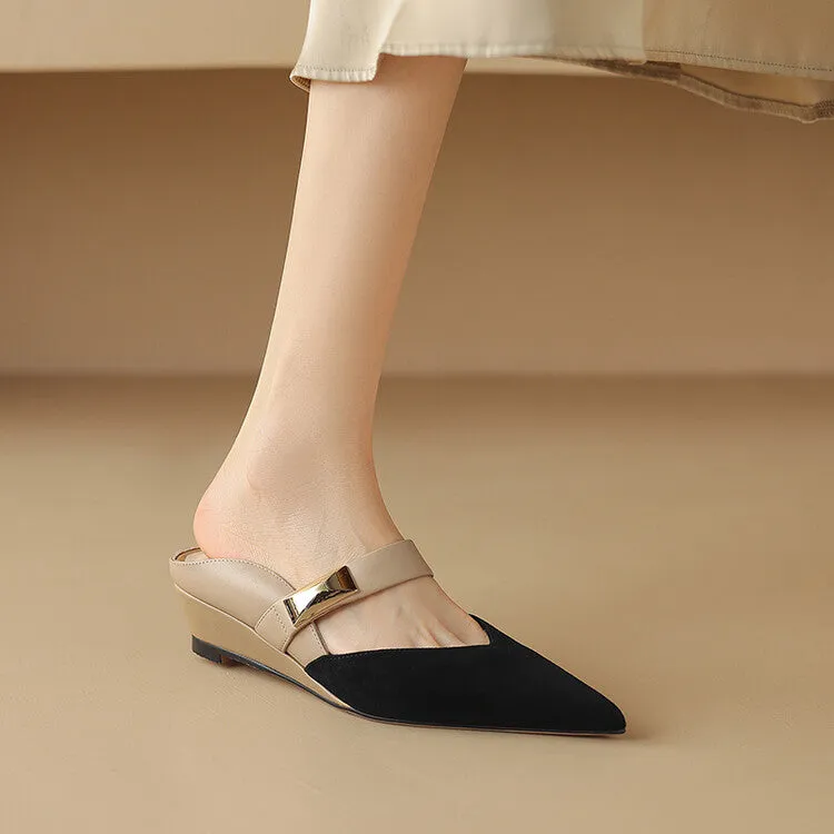Ladies Pointed Toe Patchwork Upper Wedge Mule Slip on
