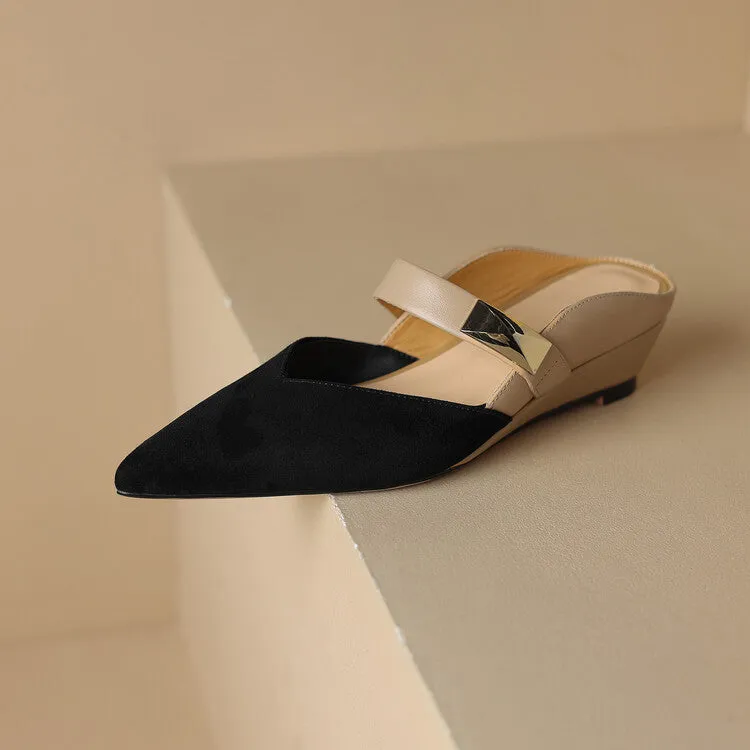 Ladies Pointed Toe Patchwork Upper Wedge Mule Slip on