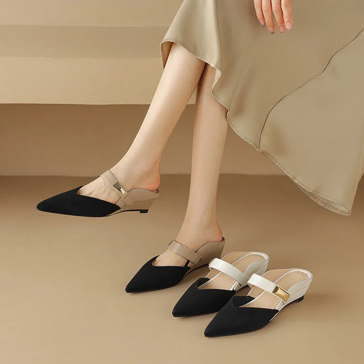 Ladies Pointed Toe Patchwork Upper Wedge Mule Slip on