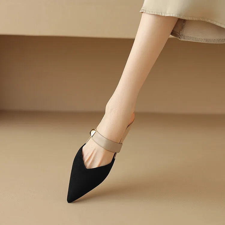 Ladies Pointed Toe Patchwork Upper Wedge Mule Slip on