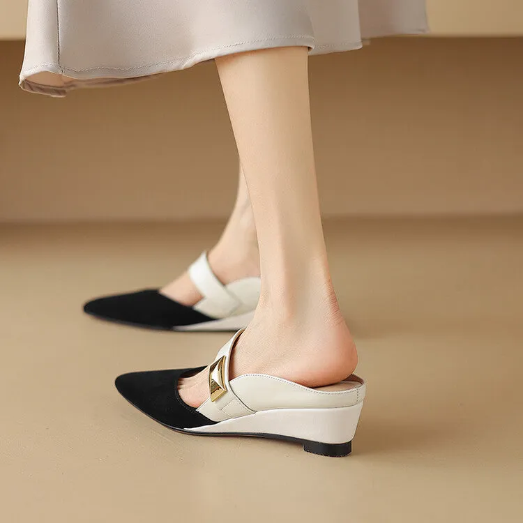 Ladies Pointed Toe Patchwork Upper Wedge Mule Slip on