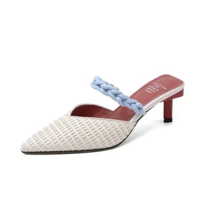 Ladies Pointy Toe Link Detail Heeled Mule Slip-on