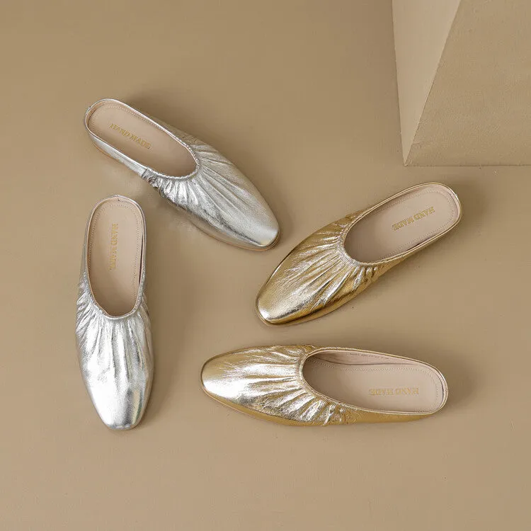 Ladies Round Toe Leather Flat Mule Slip on
