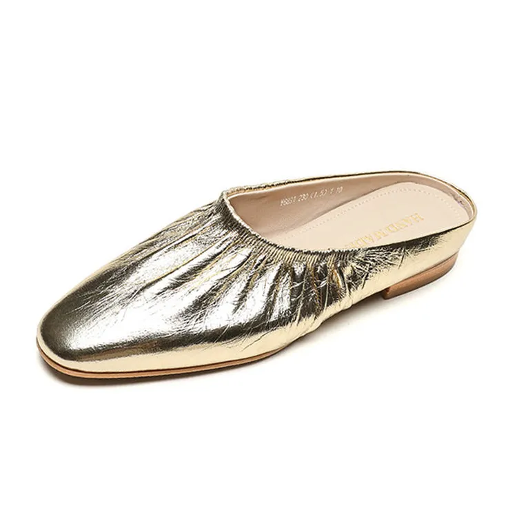Ladies Round Toe Leather Flat Mule Slip on