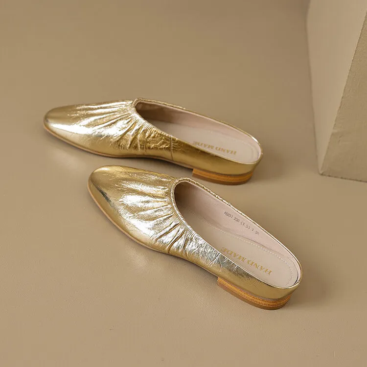 Ladies Round Toe Leather Flat Mule Slip on