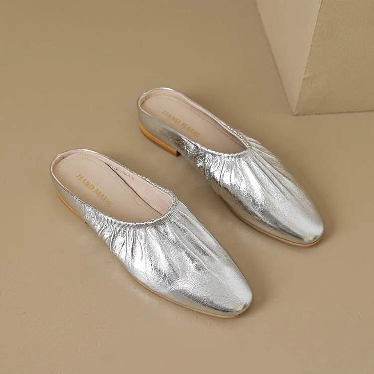 Ladies Round Toe Leather Flat Mule Slip on