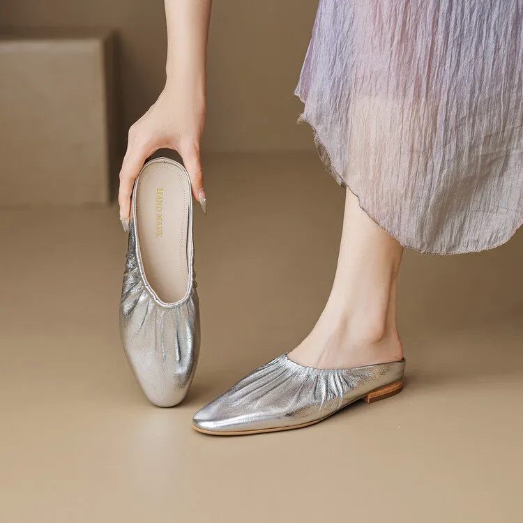 Ladies Round Toe Leather Flat Mule Slip on