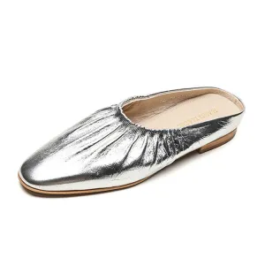 Ladies Round Toe Leather Flat Mule Slip on