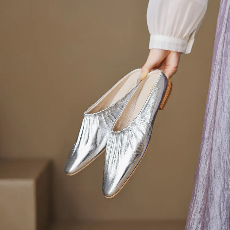 Ladies Round Toe Leather Flat Mule Slip on