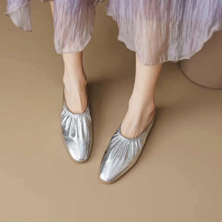 Ladies Round Toe Leather Flat Mule Slip on