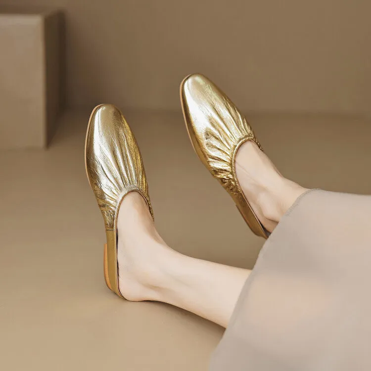 Ladies Round Toe Leather Flat Mule Slip on