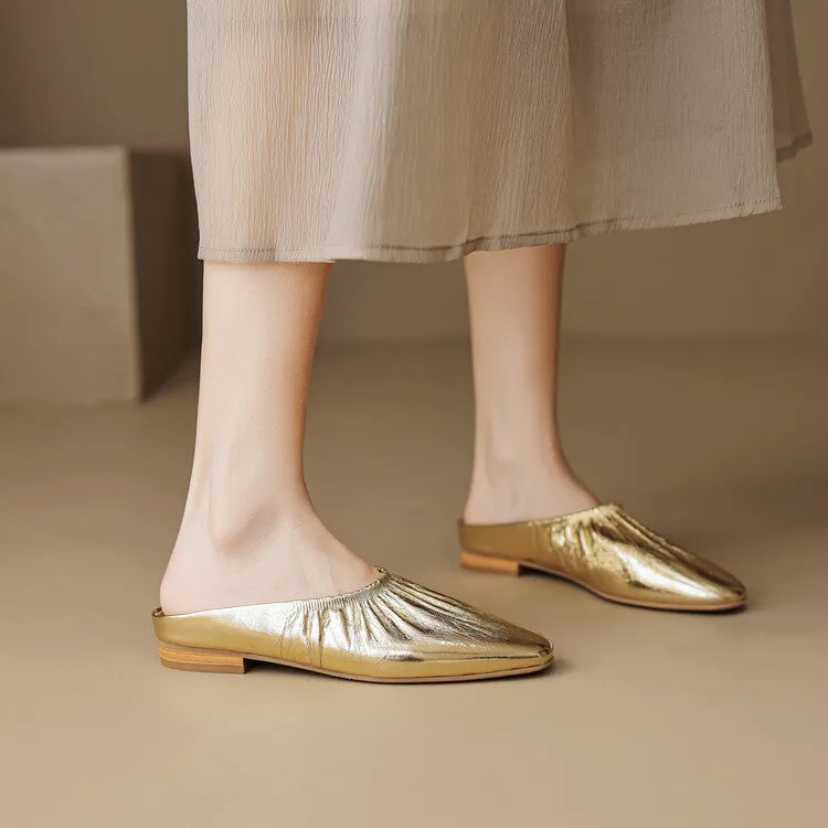 Ladies Round Toe Leather Flat Mule Slip on