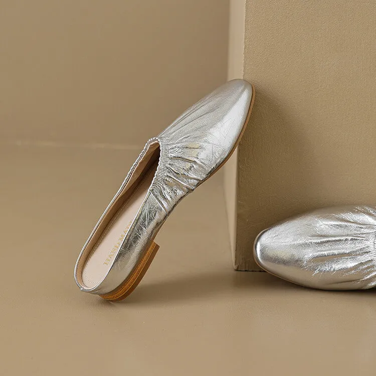 Ladies Round Toe Leather Flat Mule Slip on