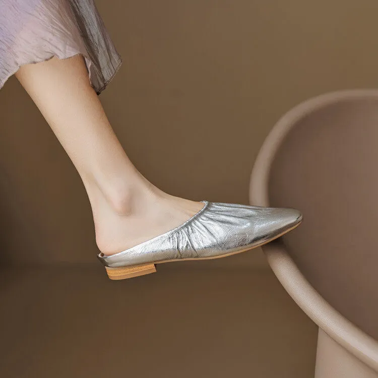 Ladies Round Toe Leather Flat Mule Slip on