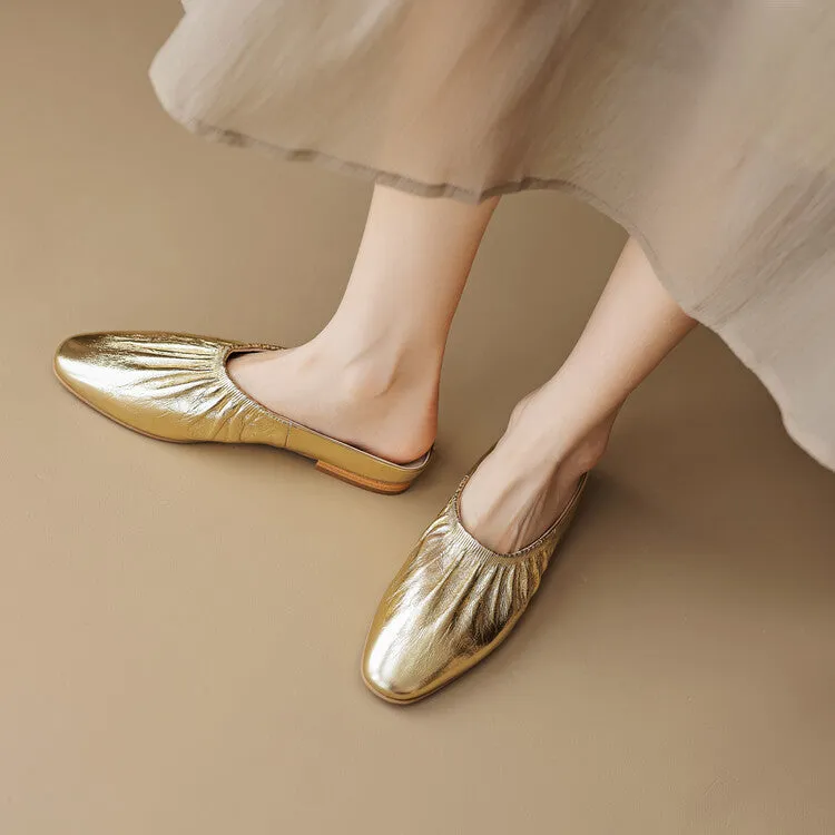 Ladies Round Toe Leather Flat Mule Slip on