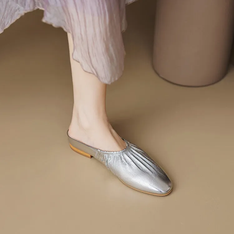 Ladies Round Toe Leather Flat Mule Slip on