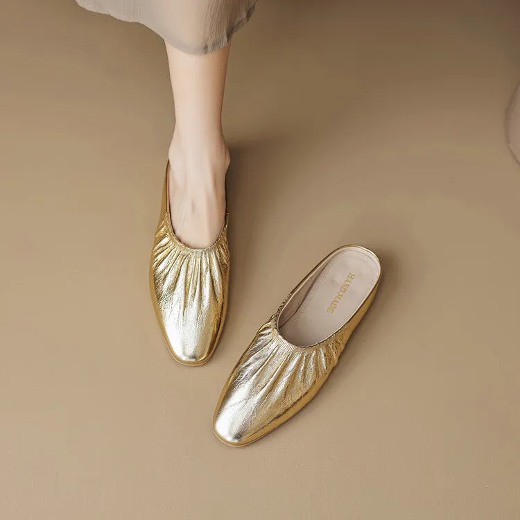 Ladies Round Toe Leather Flat Mule Slip on