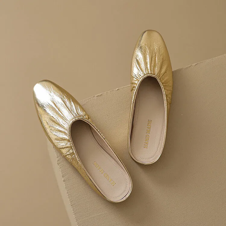 Ladies Round Toe Leather Flat Mule Slip on