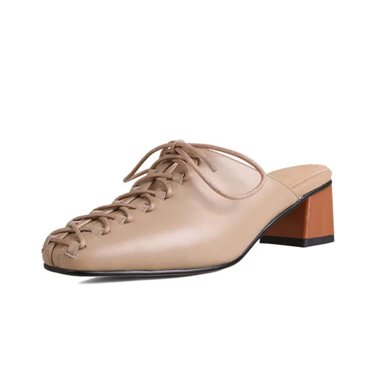 Ladies Square Toe Lace-up Heeled Mules