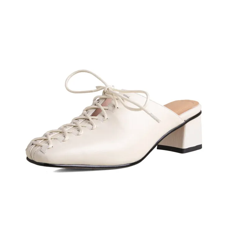 Ladies Square Toe Lace-up Heeled Mules