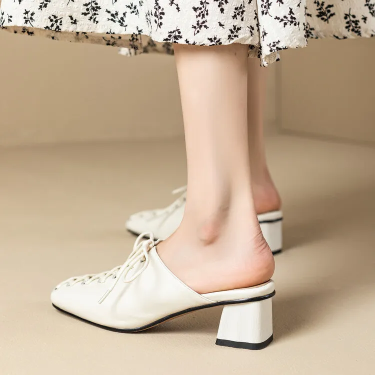 Ladies Square Toe Lace-up Heeled Mules
