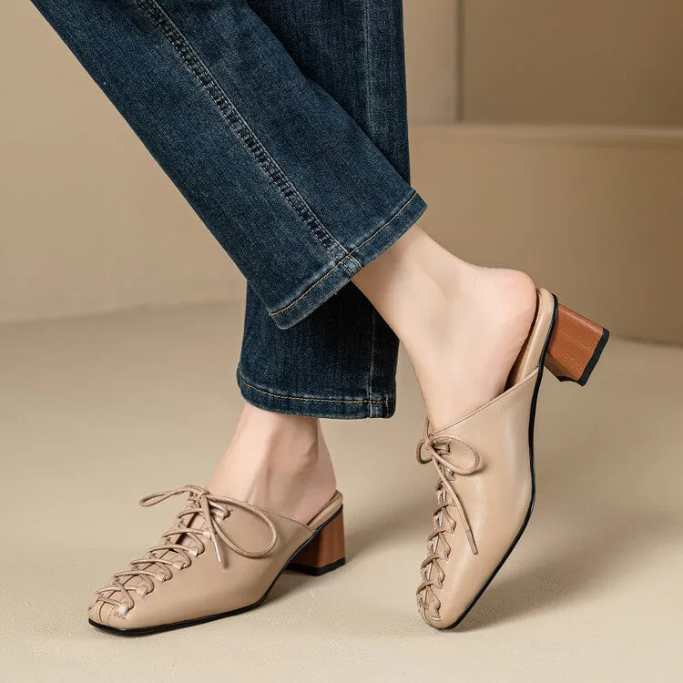Ladies Square Toe Lace-up Heeled Mules