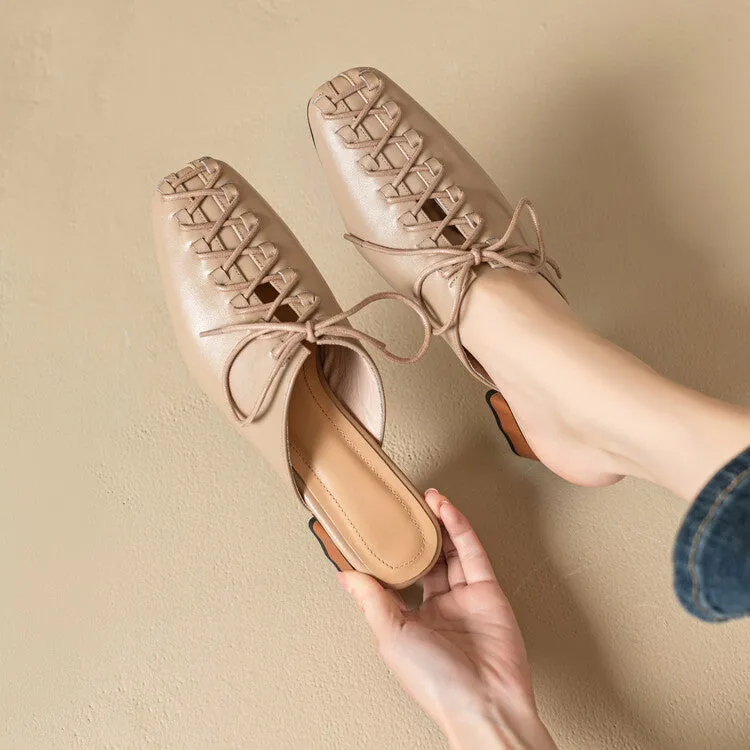 Ladies Square Toe Lace-up Heeled Mules
