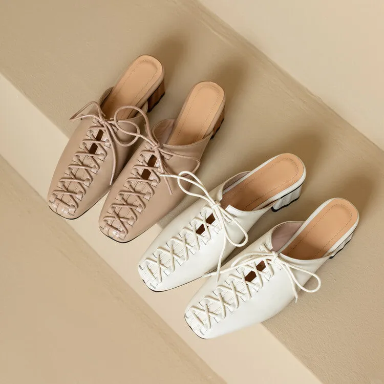 Ladies Square Toe Lace-up Heeled Mules