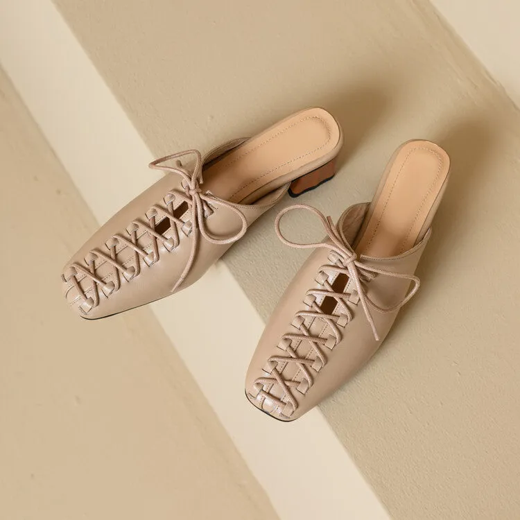 Ladies Square Toe Lace-up Heeled Mules