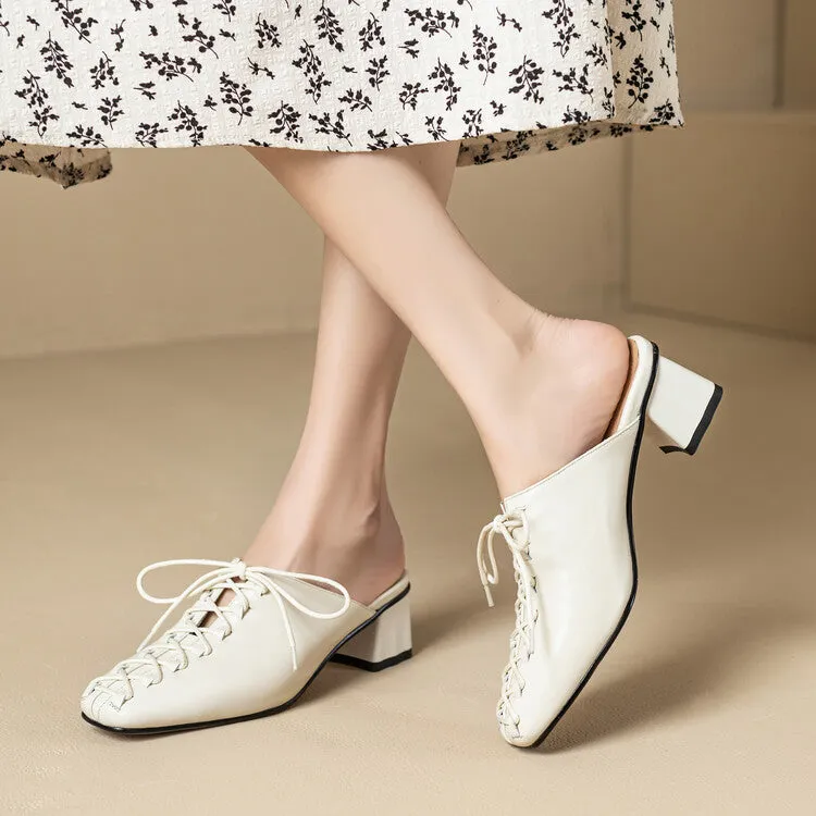 Ladies Square Toe Lace-up Heeled Mules