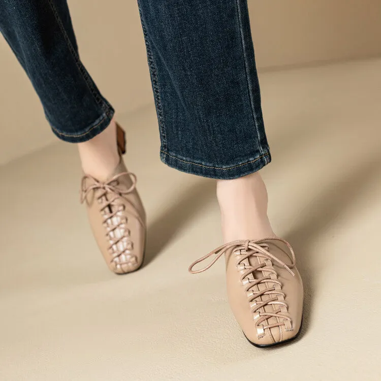 Ladies Square Toe Lace-up Heeled Mules