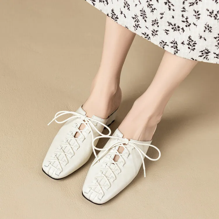 Ladies Square Toe Lace-up Heeled Mules