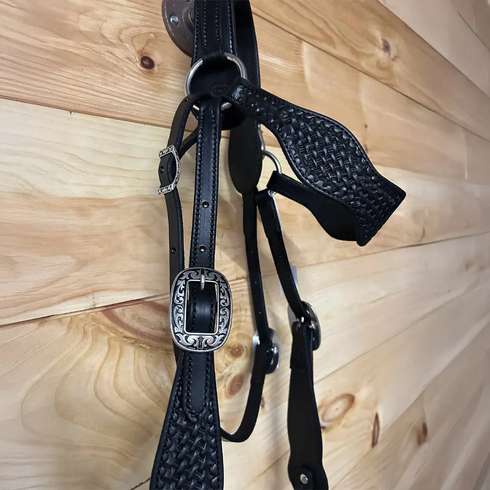 Leather Tooled Basketweave Mule Headstall - Black