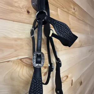 Leather Tooled Basketweave Mule Headstall - Black