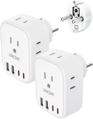 LENCENT 2 Pack Germany France Travel Power Adapter, Schuko Type E/F Power Plug Adaptor with 4 USB Ports(2 Type C), 4 Outlet Converter, US to EU Spain French German Greece Norway Iceland South Korea
