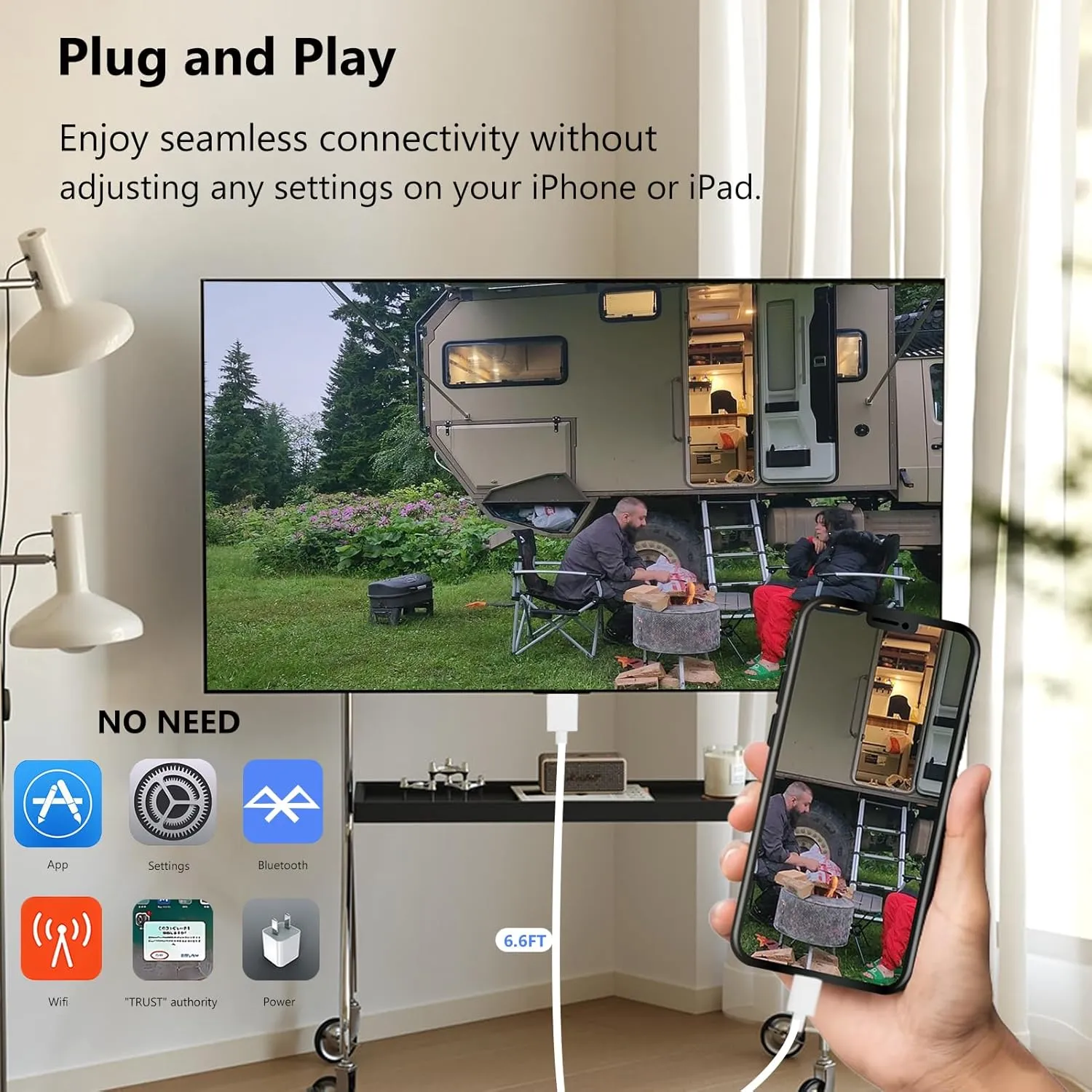 Lightning to HDMI Cable for iPhone Digital AV Adapter 1080P HD Video Sync Screen Connector iPhone to HDMI for TV Projector Monitor 13.2FT Support iOS 18