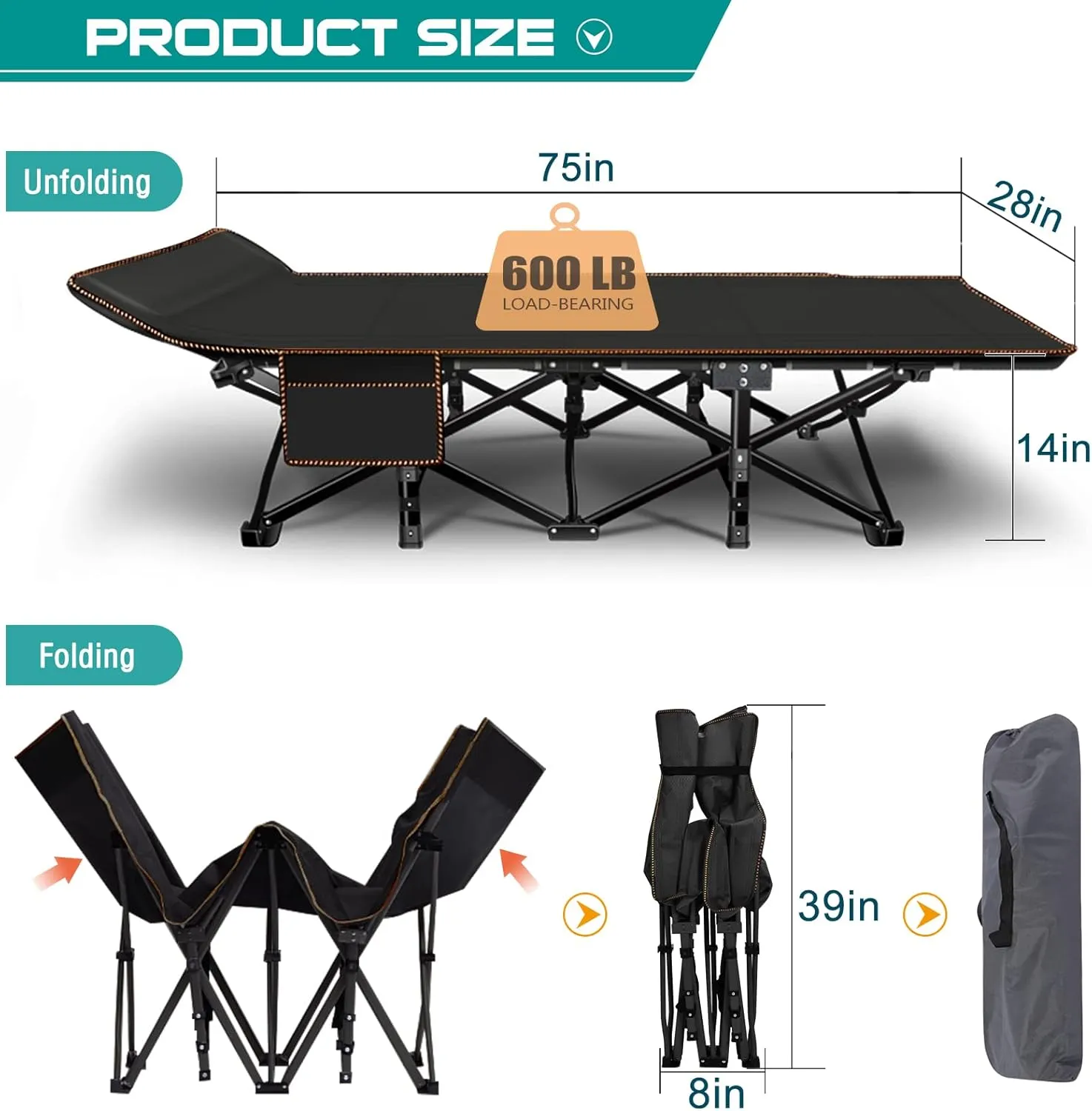 LILYPELLE Folding Camping Cot, Heavy Duty Sleeping Cots with Carry Bag, Double Layer Oxford Portable Travel Camp Cots for Home, Office Nap and Outdoor Beach