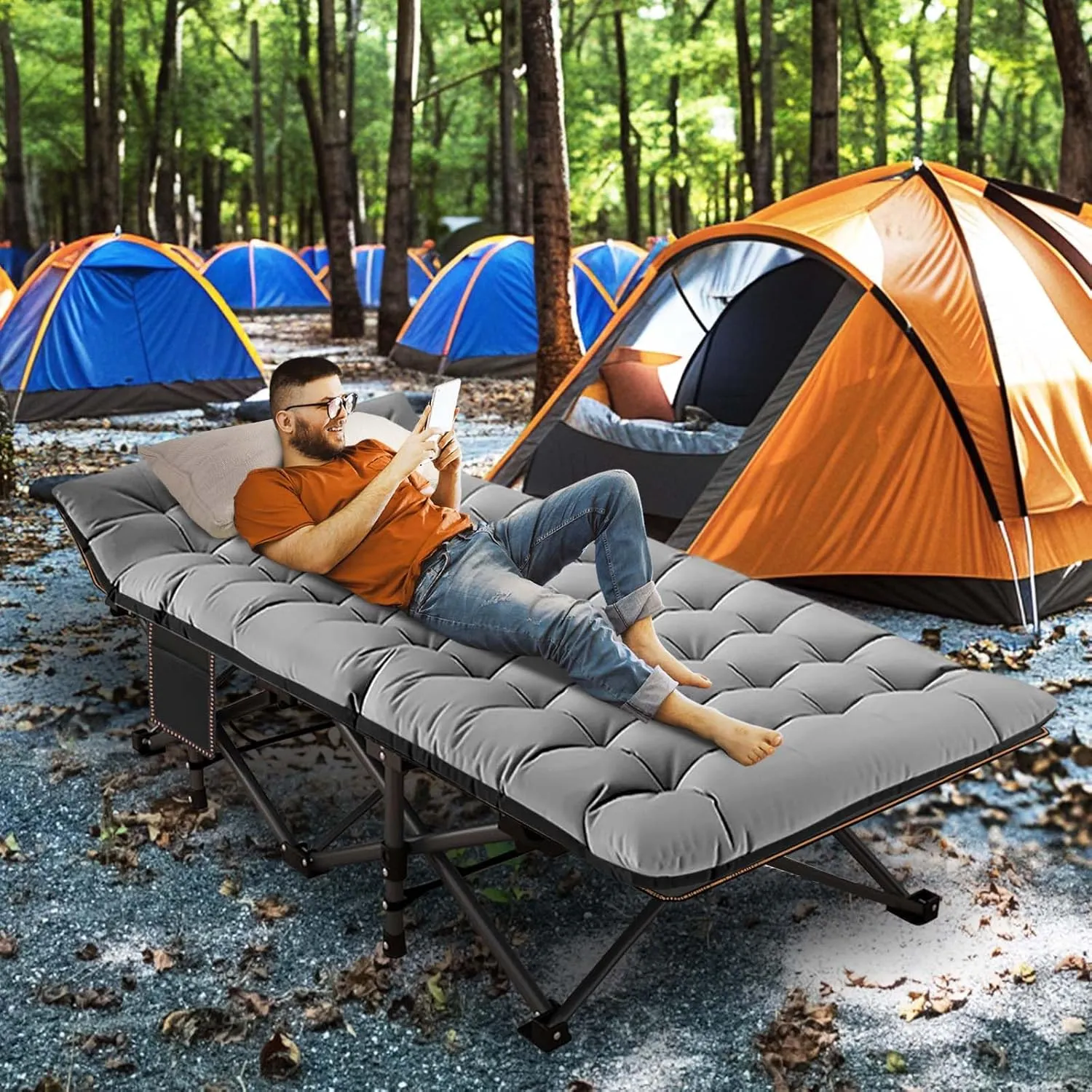 LILYPELLE Folding Camping Cot, Heavy Duty Sleeping Cots with Carry Bag, Double Layer Oxford Portable Travel Camp Cots for Home, Office Nap and Outdoor Beach