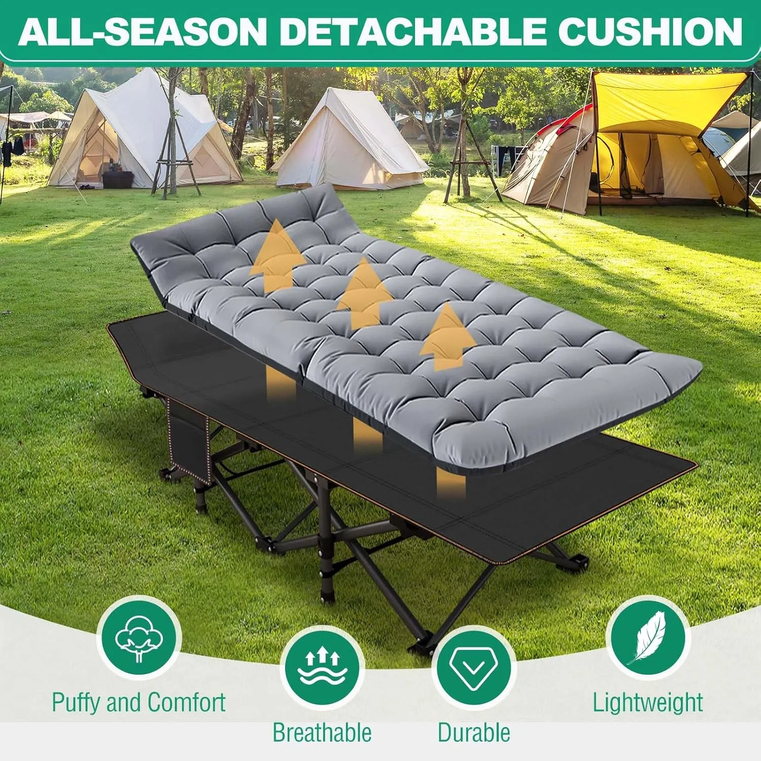 LILYPELLE Folding Camping Cot, Heavy Duty Sleeping Cots with Carry Bag, Double Layer Oxford Portable Travel Camp Cots for Home, Office Nap and Outdoor Beach