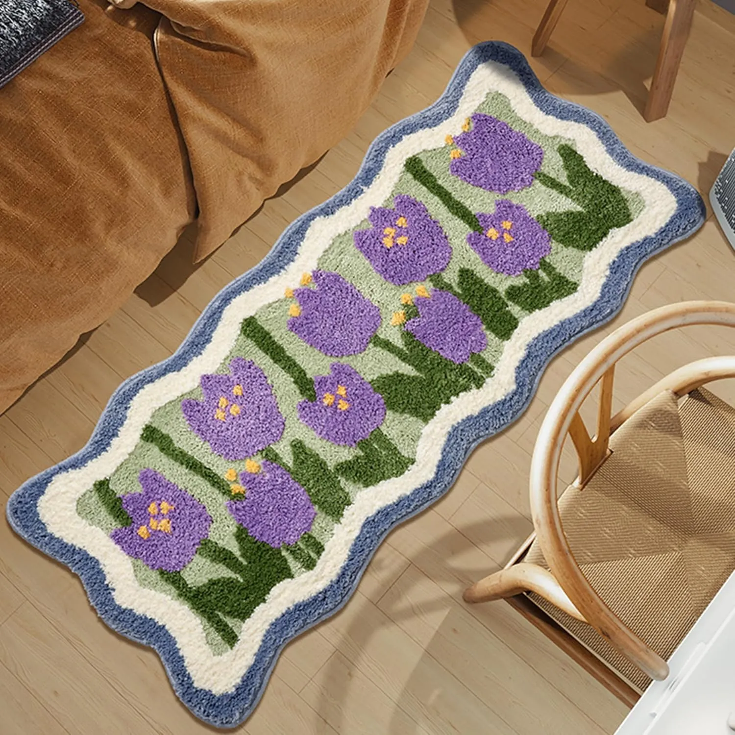 Long Bathroom Runner Rug,30’’X48’’Scalloped Purple Floral Washable Bath Mat， Absorbent Tufted Aesthetic Rugs for Bedroom,Living Room，Kitchen, Floor Mat,Decor