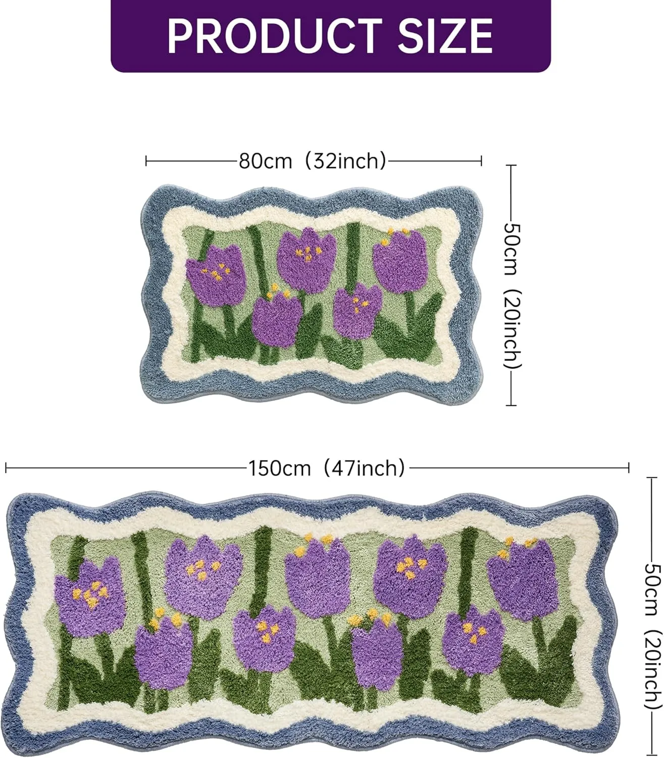 Long Bathroom Runner Rug,30’’X48’’Scalloped Purple Floral Washable Bath Mat， Absorbent Tufted Aesthetic Rugs for Bedroom,Living Room，Kitchen, Floor Mat,Decor