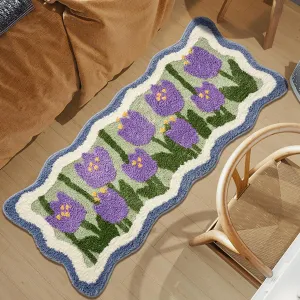 Long Bathroom Runner Rug,30’’X48’’Scalloped Purple Floral Washable Bath Mat， Absorbent Tufted Aesthetic Rugs for Bedroom,Living Room，Kitchen, Floor Mat,Decor