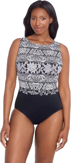 Longitude Women's Swimwear Night Seas Panel Scoopback Highneck One Piece Swimsuit, Black/White, 14