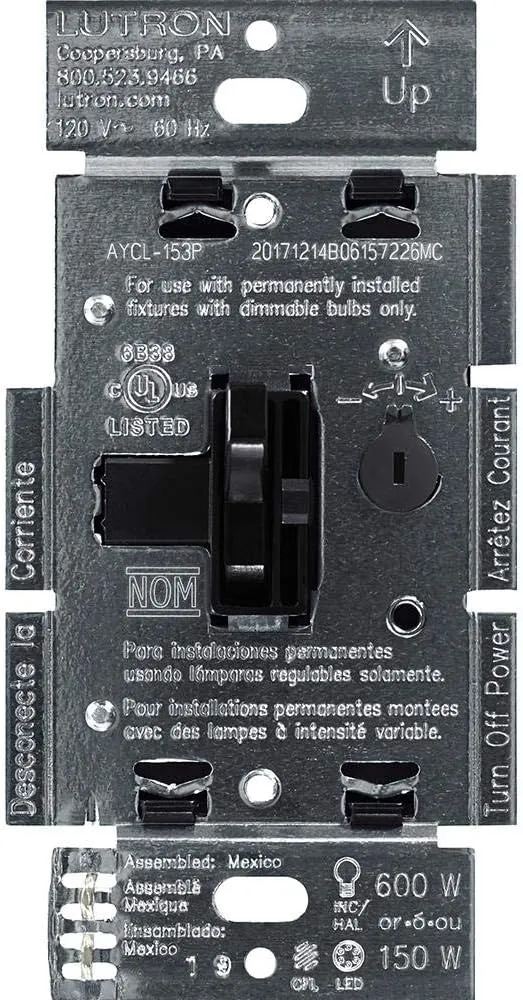 Lutron Ariadni/Toggler LED  Dimmer Switch for Dimmable LED, Halogen and Incandescent Bulbs, 150 Watt, Single-Pole or 3-Way, AYCL-153P-BL, Black