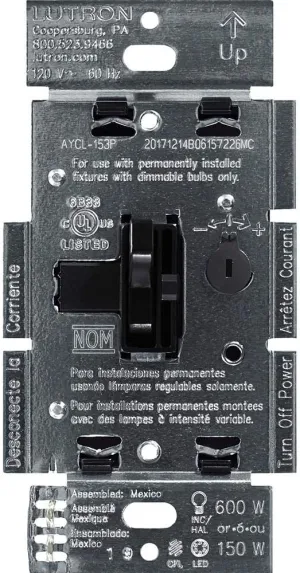 Lutron Ariadni/Toggler LED  Dimmer Switch for Dimmable LED, Halogen and Incandescent Bulbs, 150 Watt, Single-Pole or 3-Way, AYCL-153P-BL, Black