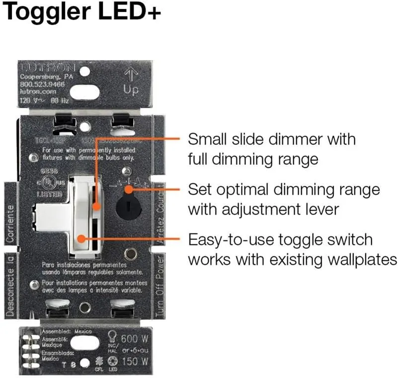 Lutron Ariadni/Toggler LED  Dimmer Switch for Dimmable LED, Halogen and Incandescent Bulbs, 150 Watt, Single-Pole or 3-Way, AYCL-153P-BL, Black