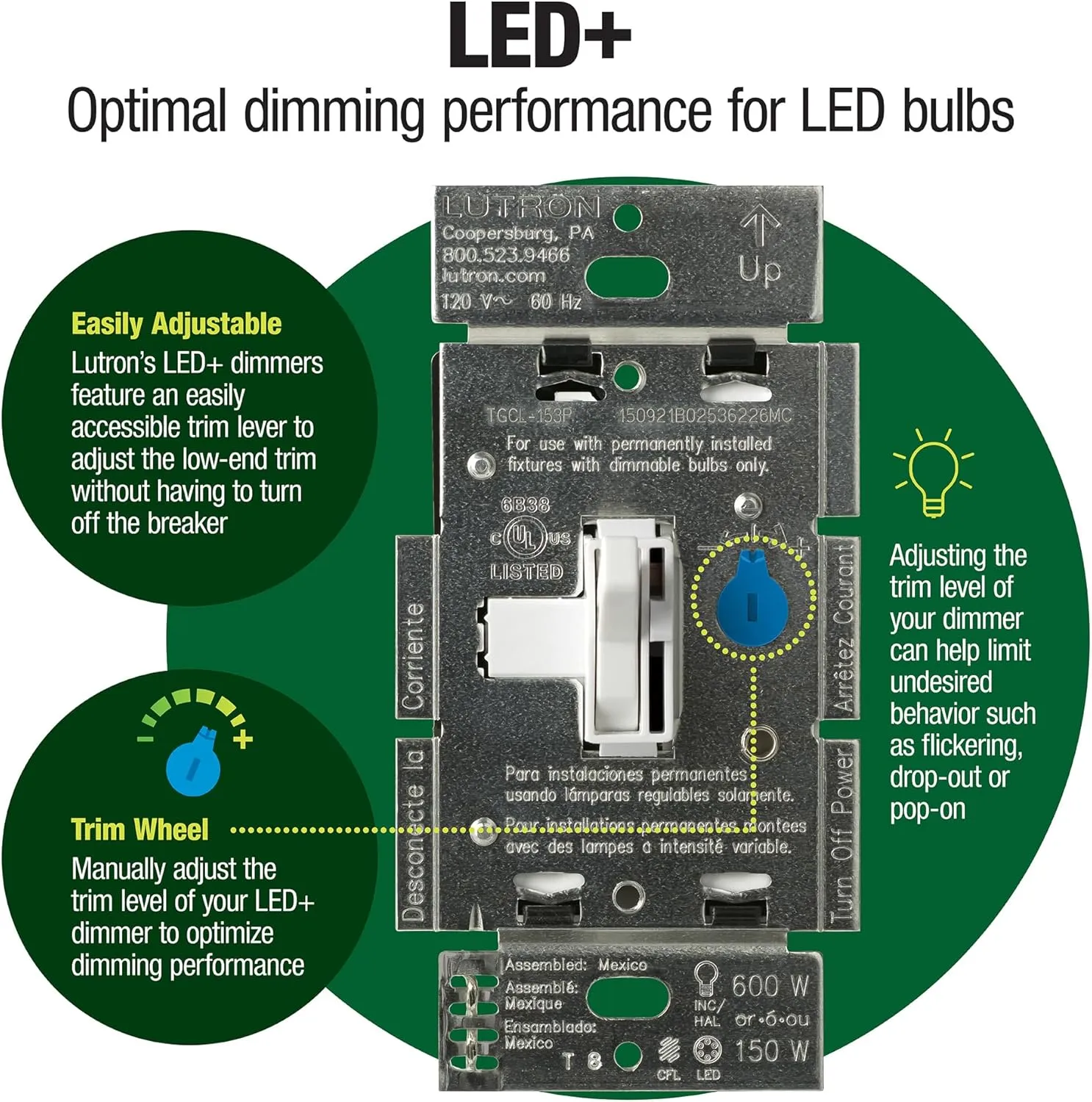 Lutron Ariadni/Toggler LED  Dimmer Switch for Dimmable LED, Halogen and Incandescent Bulbs, 150 Watt, Single-Pole or 3-Way, AYCL-153P-BL, Black